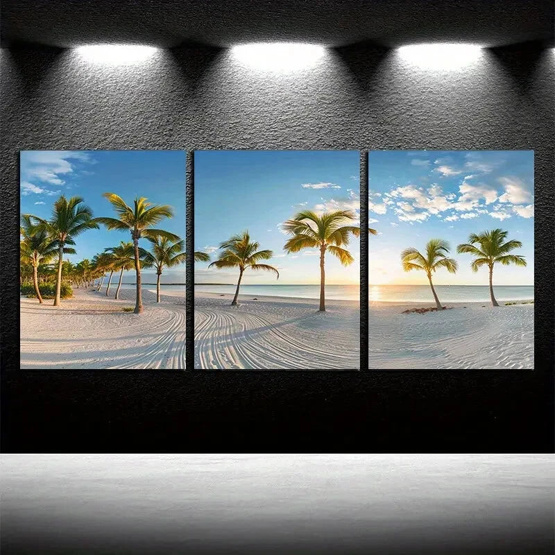 3pcs Beautiful Palm Trees on The Beautiful Beach Metal Print Ready to Hang Art - Bella Home Decor