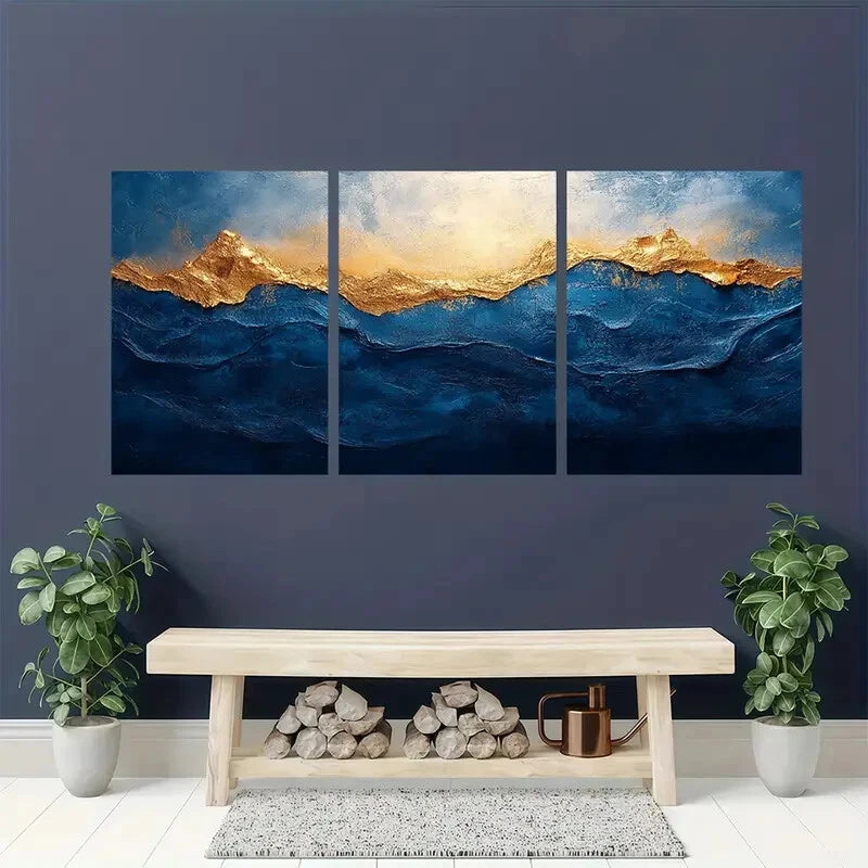 3pcs Blue and White Abstract Painting Golden Metal Print Ready to Hang Art - Bella Home Decor