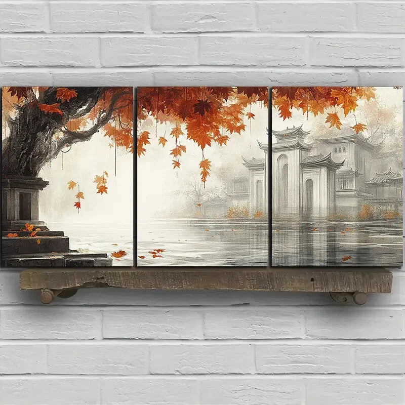 3pcs The House Next To The Red Maple Leaves Metal Print Ready to Hang Art - Bella Home Decor