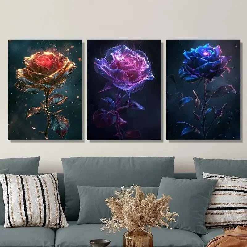 3pcs fantasy rose art, gold, purple, blue Metal Print Ready to Hang Art