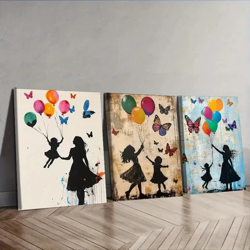 3pcs Little girl and butterfly balloon Wall Art Set Canvas Unframed - High Quality Print 100% Australian Made Wall Canvas