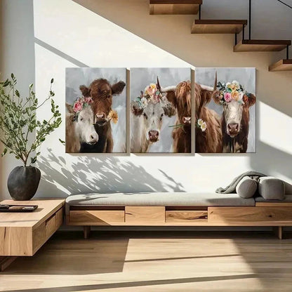3pcs Highland Cattle with Flowers Vintage Wall Art Set Canvas Framed 60x90cm - High Quality Print 100% Australian Made Wall Canvas Ready to Hang
