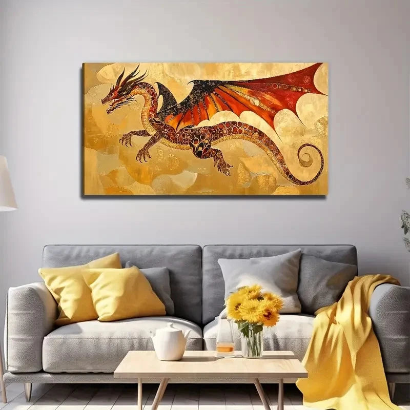 Ancient Dragon Golden & Red Wall Art Canvas Office Home Room Framed 120x60cm