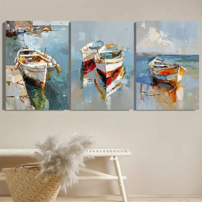 3pcs Abstract Color Sailboat Oil Painting Metal Print Ready to Hang Art - Bella Home Decor