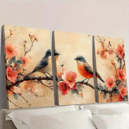 3pcs Vintage Peony Flowers And Birds Wall Art Canvas Unframed - High Quality Print 100% Australian Made Wall Canvas