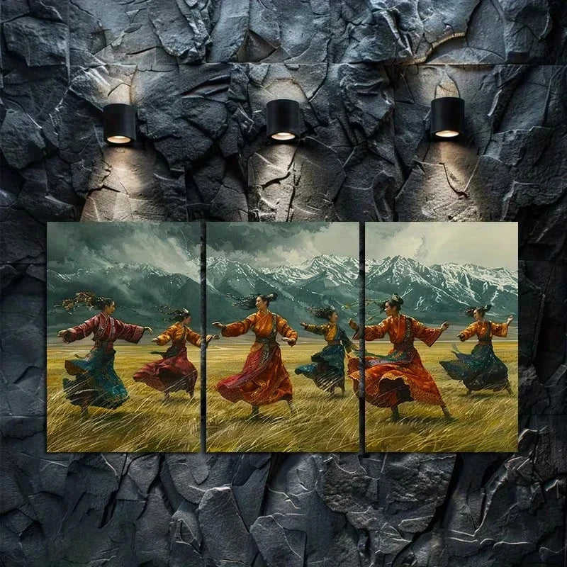 3pcs Traditional Dancers Ethnic Costume Scene Metal Print Ready to Hang Art