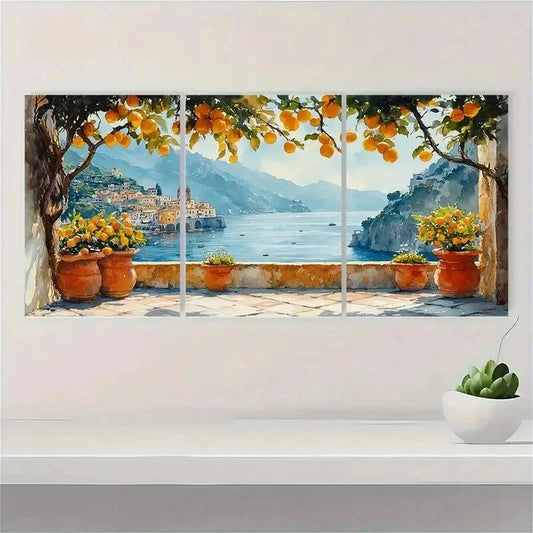 3pcs Cityscape Lemon Tree Mediterranean Perfect Wall Art Set Canvas Framed 60x90cm - High Quality Print 100% Australian Made Wall Canvas Ready to Hang