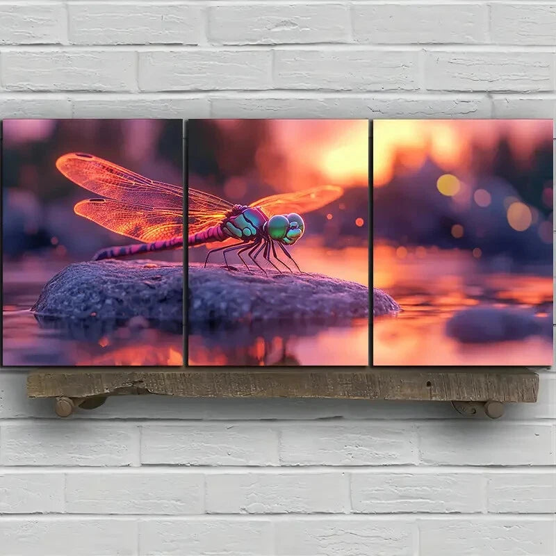 3pcs Dragonflies on the Stone Metal Print Ready to Hang Art - Bella Home Decor