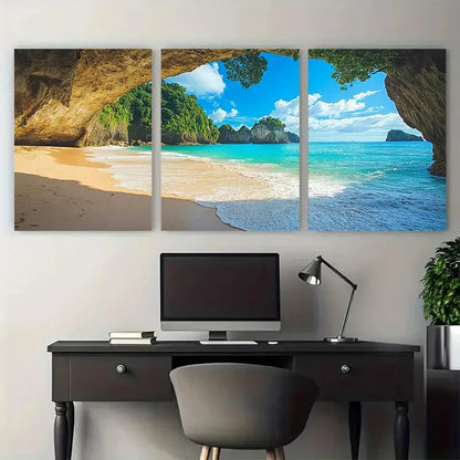 3pcs Cathedral Cove Beach Coastal-Themed Metal Print Ready to Hang Art - Bella Home Decor