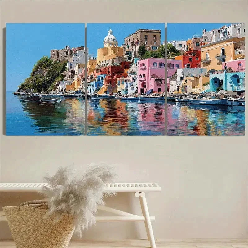 3pcs Italian Mediterranean Sea Houses Wall Art Set Canvas Framed 50x70cm - High Quality Print 100% Australian Made Wall Canvas Ready to Hang