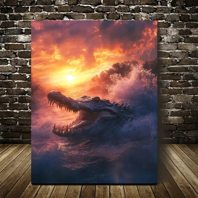 Dramatic Glowing Sky & Waves Crocodile Painting 40x60cm Metal Print Ready to Hang - Bella Home Decor