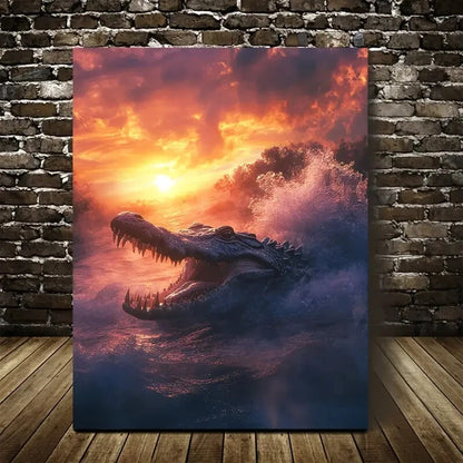 Dramatic Glowing Sky & Waves Crocodile Painting 40x60cm Metal Print Ready to Hang - Bella Home Decor