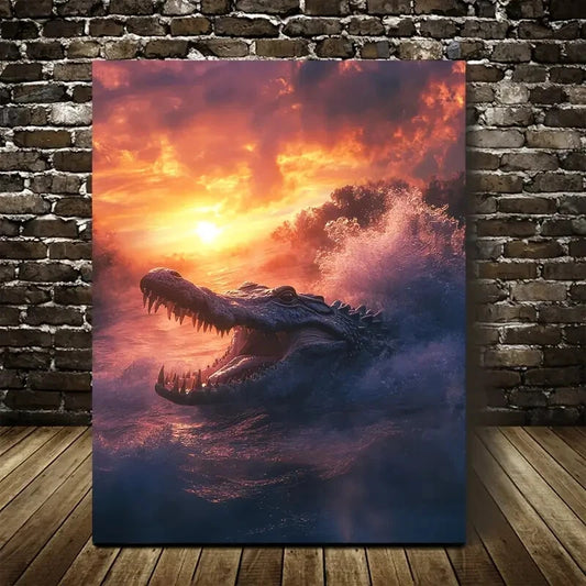 Dramatic Glowing Sky & Waves Crocodile Painting 40x60cm Metal Print Ready to Hang - Bella Home Decor