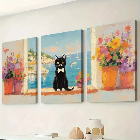 3pcs Cat with White Paws & Bow Tie Wall Art Set Canvas Unframed - High Quality Print 100% Australian Made Wall Canvas - Bella Home Decor