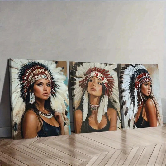 3pcs Indian girls wear feathered headdresses Wall Art Set Canvas Framed 50x70cm - High Quality Print 100% Australian Made Wall Canvas Ready to Hang