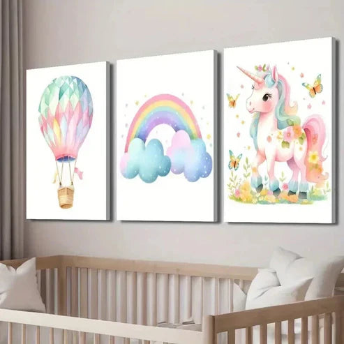3pcs Cute Pink Unicorn Flowers And Butterflies Wall Art Set Canvas Unframed - High Quality Print 100% Australian Made Wall Canvas - Bella Home Decor
