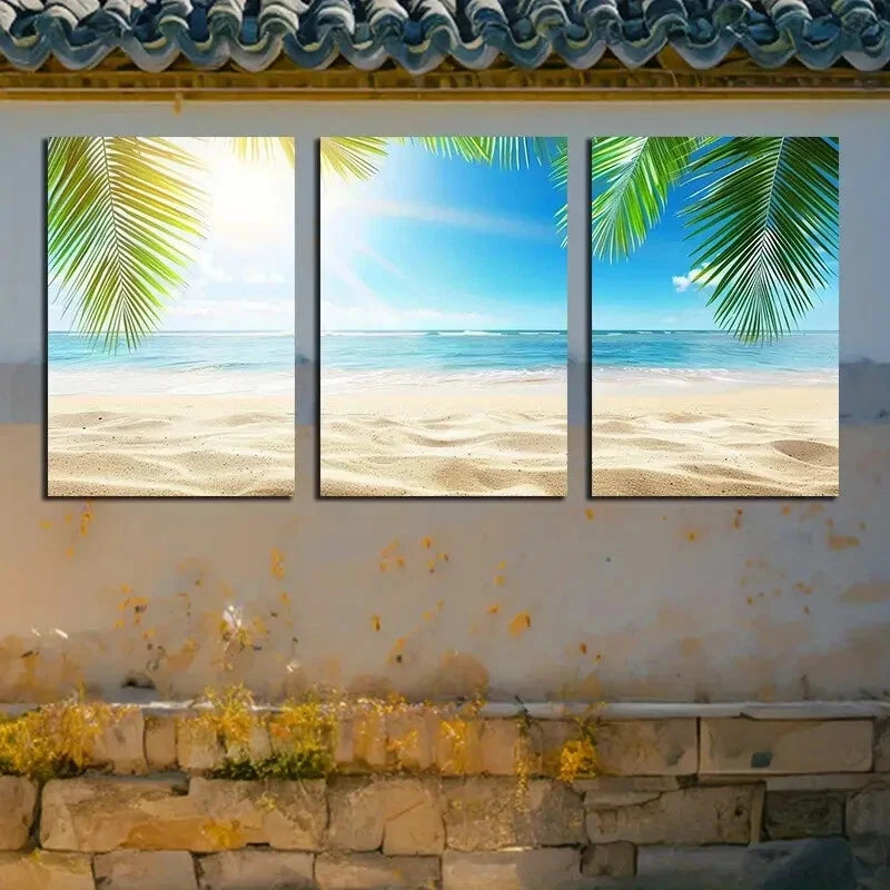 3pcs Tropical Beach Scene Palm Tree Seascape Metal Print Ready to Hang Art - Bella Home Decor