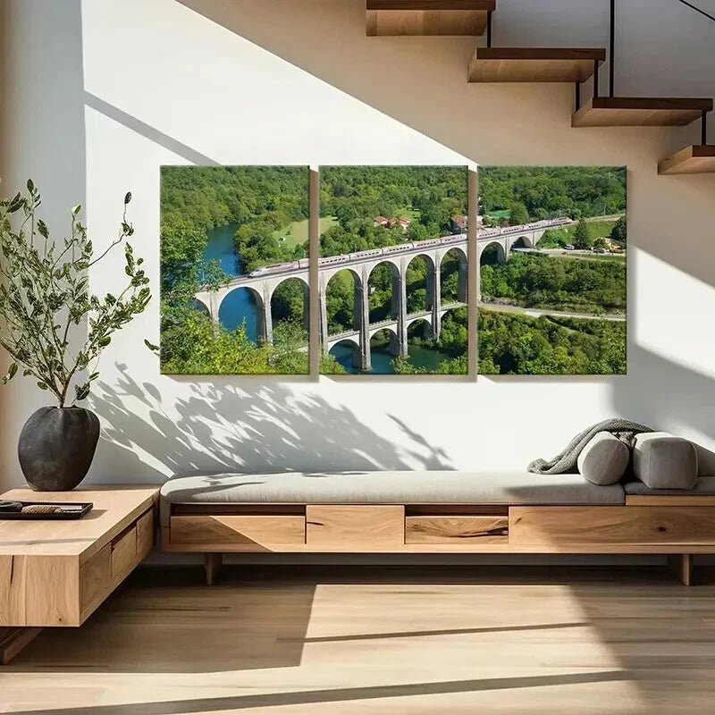 3pcs Big Bridge Over a River and Train Wall Art Set Canvas Framed 60x90cm - High Quality Print 100% Australian Made Wall Canvas Ready to Hang - Bella Home Decor