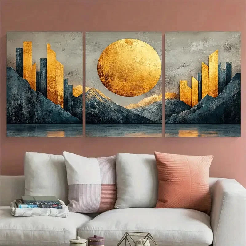 3pcs Beige Grey Golden Abstract Shapes Minimalist Metal Print Ready to Hang Art - Bella Home Decor