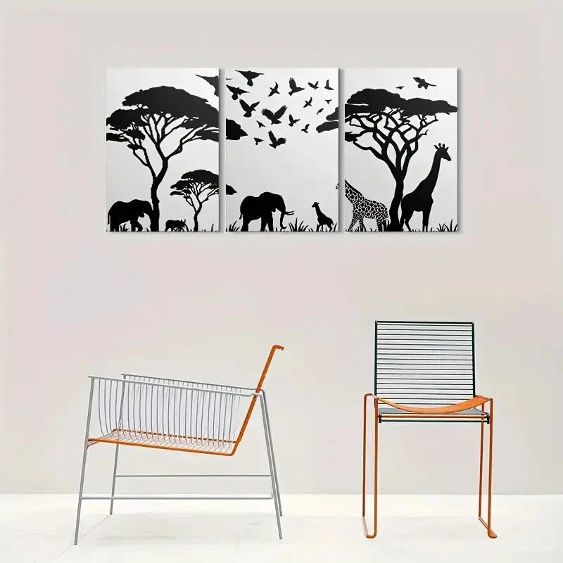 3pcs African Safari Animal Silhouette Black White Metal Print Ready to Hang Art - Bella Home Decor