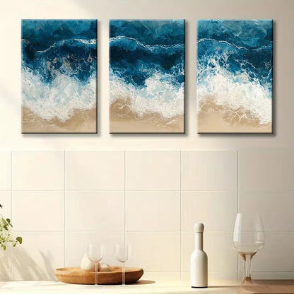 3pcs Beach Waves Illustration Wall Art Set Canvas Framed 50x70cm - High Quality Print 100% Australian Made Wall Canvas Ready to Hang - Bella Home Decor