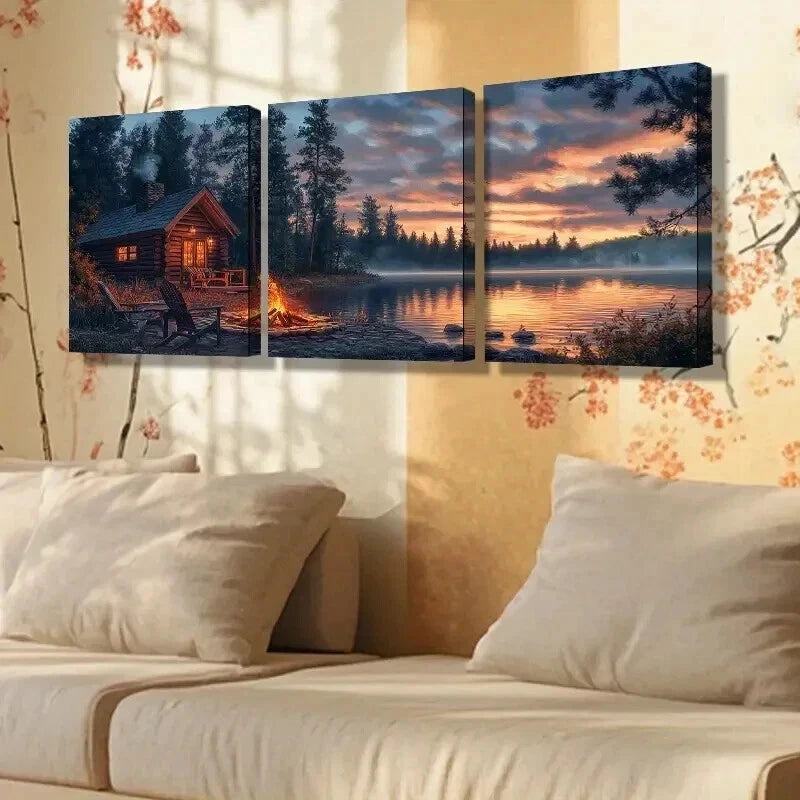 3pcs Tranquil Lake & Log Cabin Scene Wall Art Set Canvas Framed 40x60cm - High Quality Print 100% Australian Made Wall Canvas Ready to Hang - Bella Home Decor