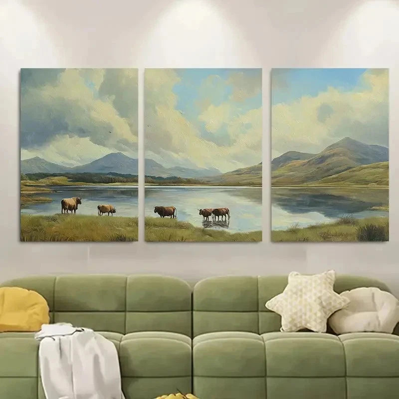 3pcs Highland Cows Grazing Near Loch Metal Print Ready to Hang Art