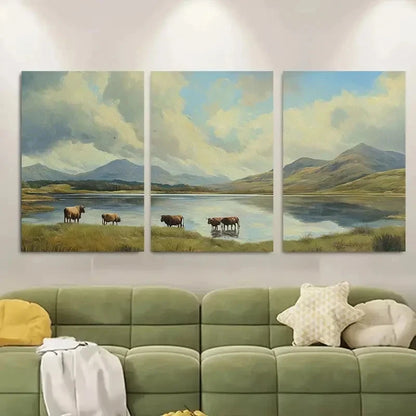 3pcs Highland Cows Grazing Near Loch Metal Print Ready to Hang Art