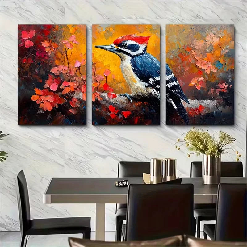 3pcs Woodpecker Original Oil Painting Metal Print Ready to Hang Art