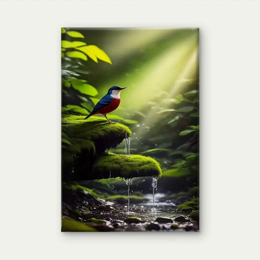 Blue & Red Bird, Waterfall & Mossy Rocks 60x90cm Metal Print Ready to Hang