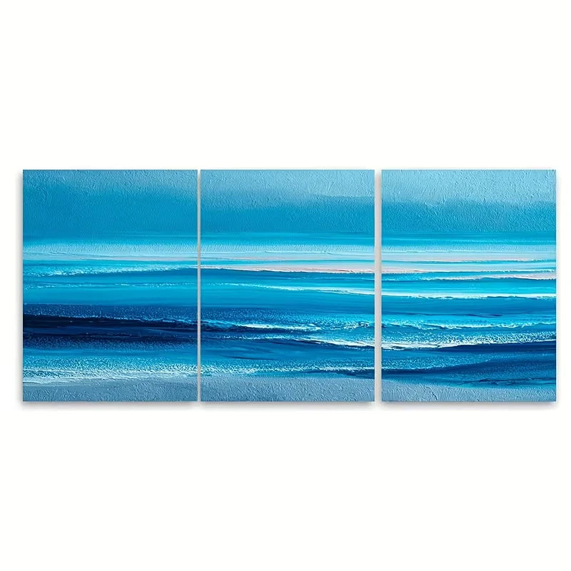 3pcs Blue Seascape Abstract Sunrise Metal Print Ready to Hang Art - Bella Home Decor