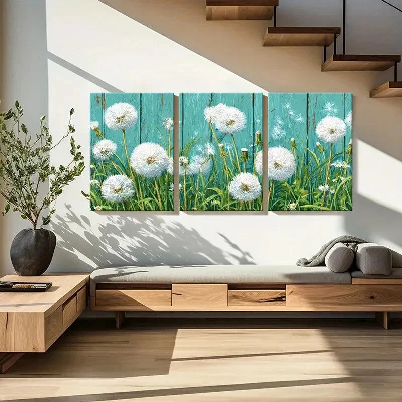 3pcs Dandelion Field White Fluff Turquoise Metal Print Ready to Hang Art - Bella Home Decor