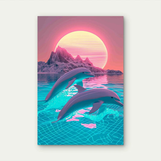 3D Rendering Dolphin With Sunset 60x90cm Metal Print Ready to Hang