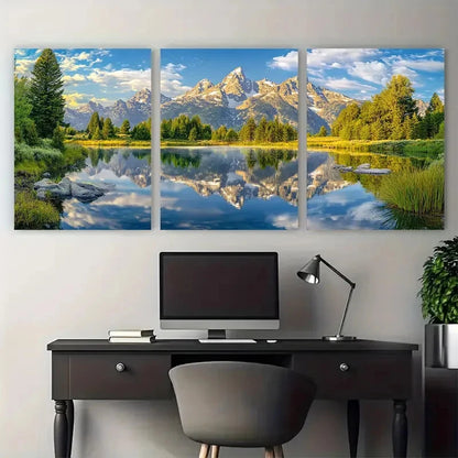 3pcs Grand Teton Reflection Mountain & Lake View Wall Art Set Canvas Framed 50x70cm - High Quality Print 100% Australian Made Wall Canvas Ready to Hang