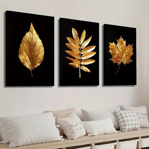 3pcs Luxurious Golden Leaves Wall Art Set Canvas Unframed - High Quality Print 100% Australian Made Wall Canvas