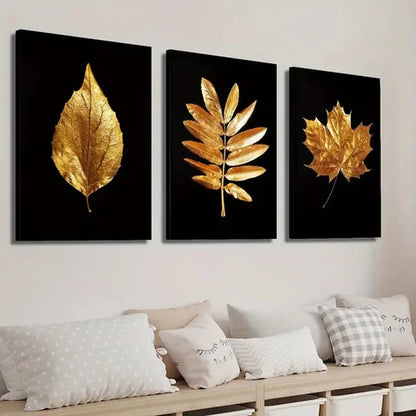 3pcs Luxurious Golden Leaves Wall Art Set Canvas Unframed - High Quality Print 100% Australian Made Wall Canvas