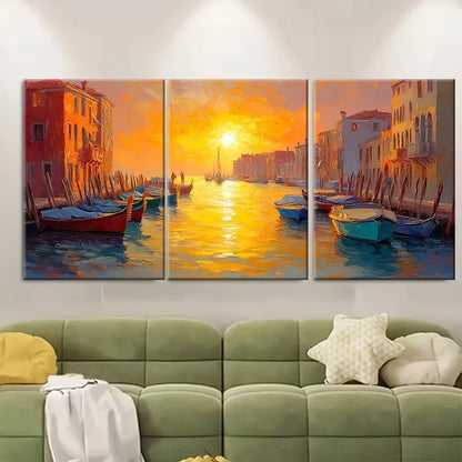 3pcs Golden Sunlight Venice Harbour Metal Print Ready to Hang Art - Bella Home Decor