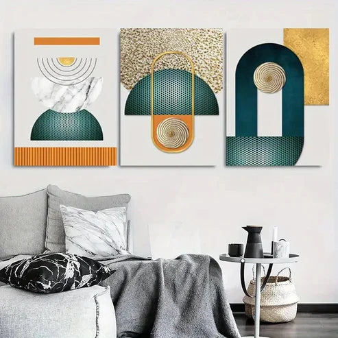 3pcs Minimalist Teal and Golden Wall Art Set Canvas Unframed - High Quality Print 100% Australian Made Wall Canvas