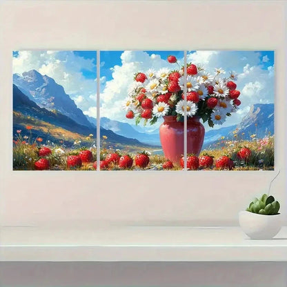 3pcs Floral and Strawberry Vase Design Metal Print Ready to Hang Art - Bella Home Decor