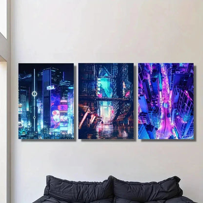 3pcs Vibrant Neon Futuristic Skylines, Modern Metal Print Ready to Hang Art