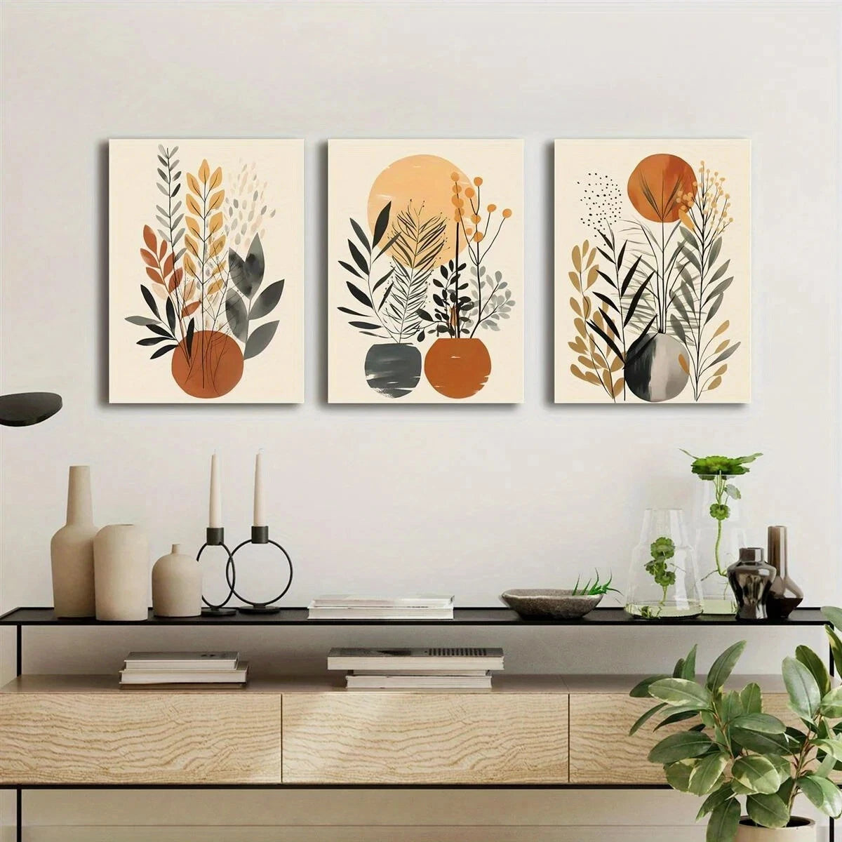 3pcs Bohemian Botanical Flowers Black Beige Metal Print Ready to Hang Art - Bella Home Decor