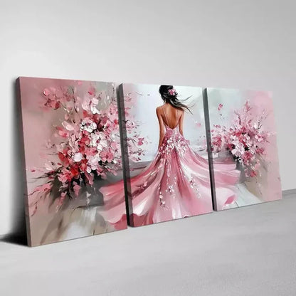 3pcs Charming Pink Dress Woman with Pink Florals Canvas Unframed - High Quality Print 100% Australian Made Wall Canvas - Bella Home Decor