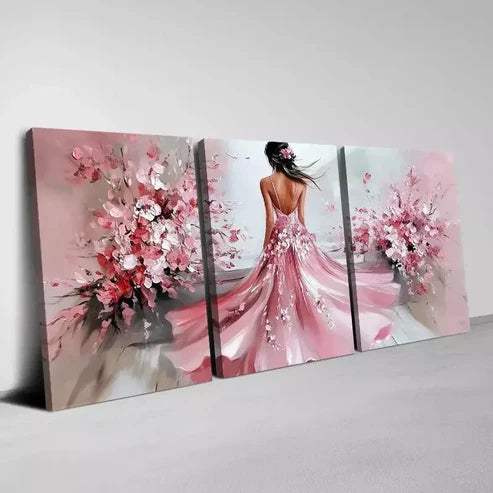 3pcs Charming Pink Dress Woman with Pink Florals Canvas Unframed - High Quality Print 100% Australian Made Wall Canvas