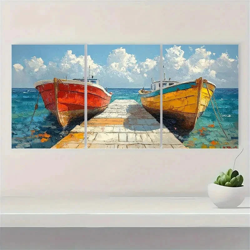 3pcs Coastal Boat Paintings - Oil Impasto Artwork Metal Print Ready to Hang Art - Bella Home Decor