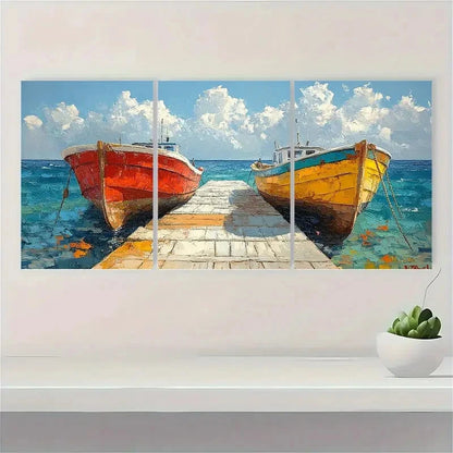 3pcs Coastal Boat Paintings - Oil Impasto Artwork Metal Print Ready to Hang Art - Bella Home Decor