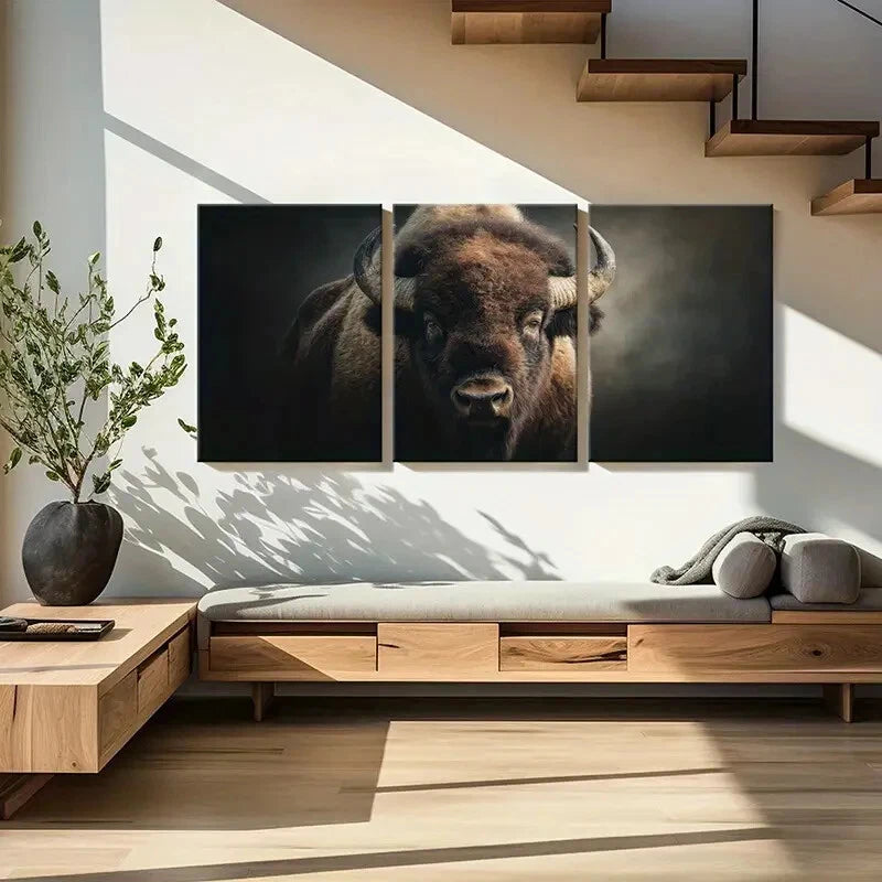 3pcs Artistic Bison Portrait Wildlife Art Metal Print Ready to Hang Art - Bella Home Decor