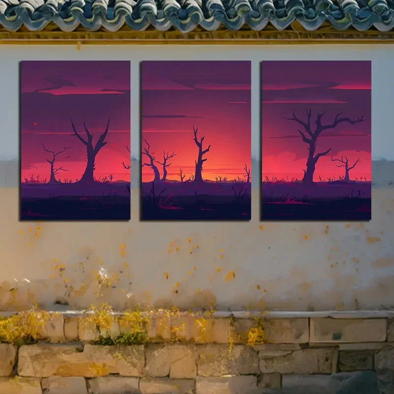 3pcs Purple Forest Sunset Illustration Metal Print Ready to Hang Art - Bella Home Decor