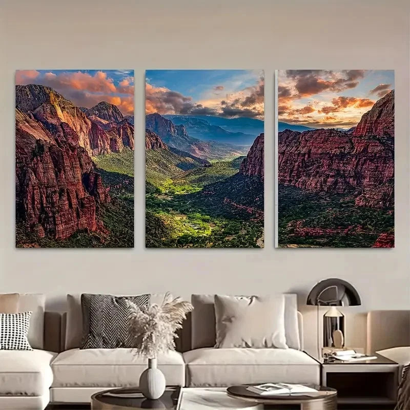 3pcs Dramatic Sunset & Mountain Scenery Metal Print Ready to Hang Art - Bella Home Decor