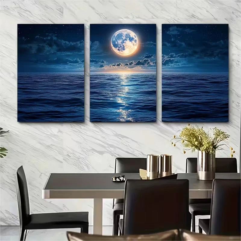 3pcs Full Moon Ocean Reflection Metal Print Ready to Hang Art - Bella Home Decor