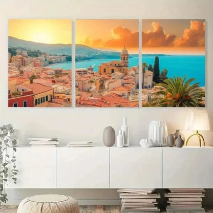 3pcs Mediterranean Coastal Cityscape Wall Art Canvas Unframed - High Quality Print 100% Australian Made Wall Canvas